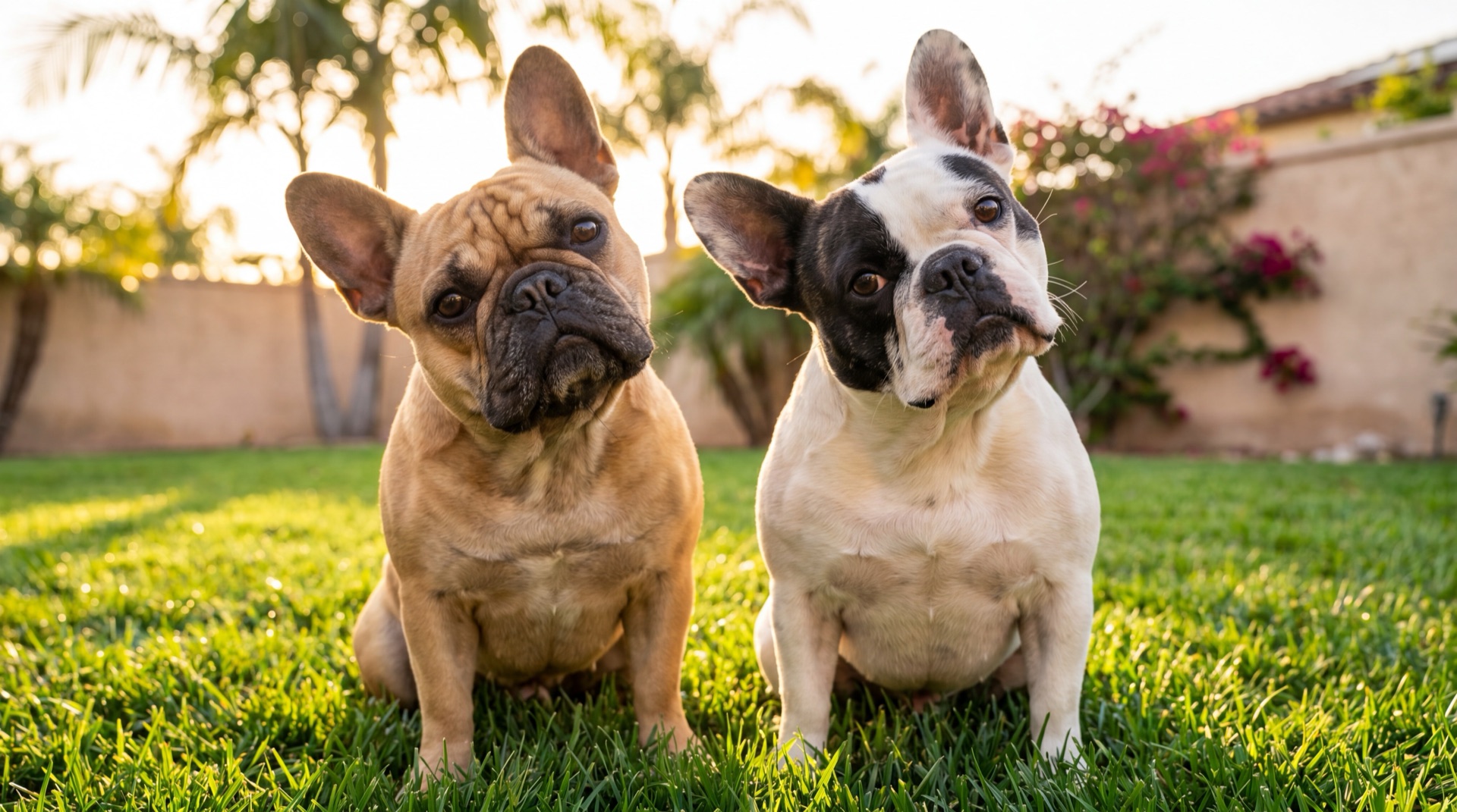 Two adorable French bulldogs in a Puerto Rico backyard
